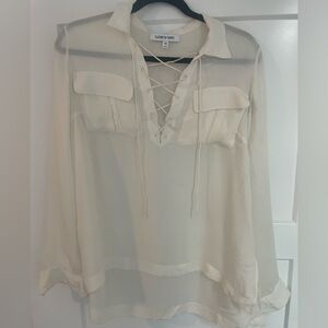 Elizabeth and James Silk Lace Up Blouse, Cream, Size XS